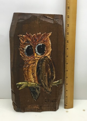 Vintage 70er strukturierte handbemalte große Augen Eule Kunst Plakette auf Holz signiert..[S7-1 - Bild 5 von 6