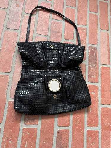 Vintage beleuchtete Handtasche Damen Handtasche schwarz Netz Kunststoff Schultertasche mit Spiegel - Bild 4 von 8