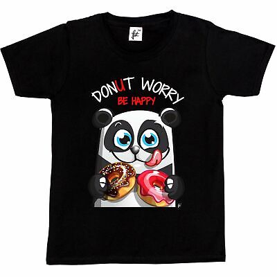 Girls T-Shirt Donut Worry Be Happy Smiling Panda With Doughnuts Kids Boys