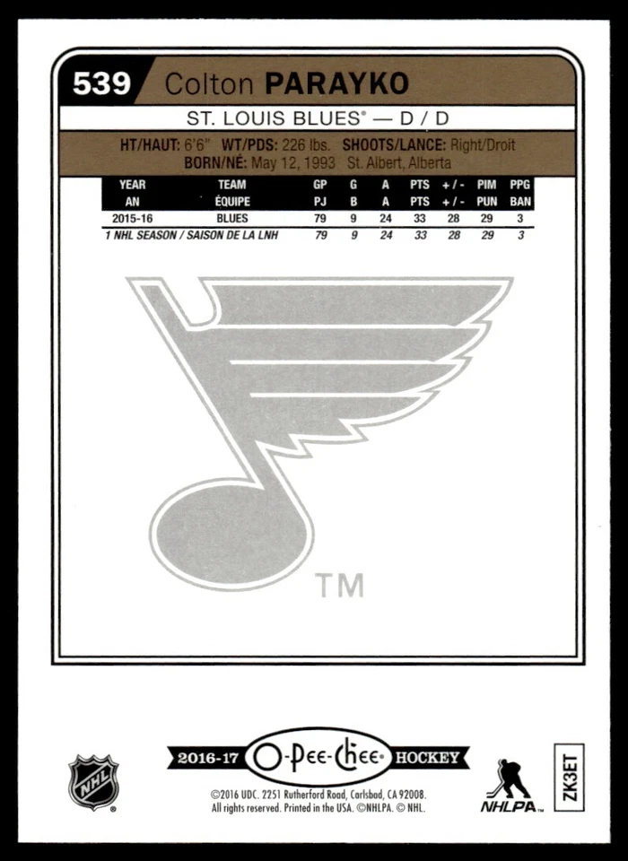 2016-17 O PEE CHEE FOIL Colton Parayko St. Louis Blues #539 - Image 2 of 2