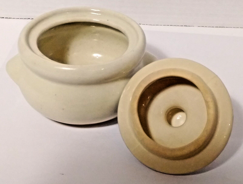 Vintage Stoneware Sugar Bowl Honey Pot Tan with Handles & Blue Spackle Glaze Lid - Foto 6 di 15