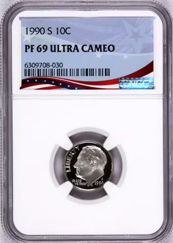 1990-S Proof Roosevelt Dime, Graded PF69UC NGC * OSR Patriotic Exclusive Label