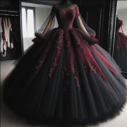 Gothic Black and Red Wedding Dresses Long Sleeves Off the Shoulder Bridal Gowns - Picture 3 of 9