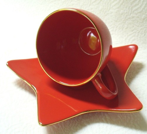 NEW~Williams-Sonoma~RED~Espresso~HOLIDAY~Porcelain~CUP & STAR SAUCER~Gold Trim - Picture 6 of 10