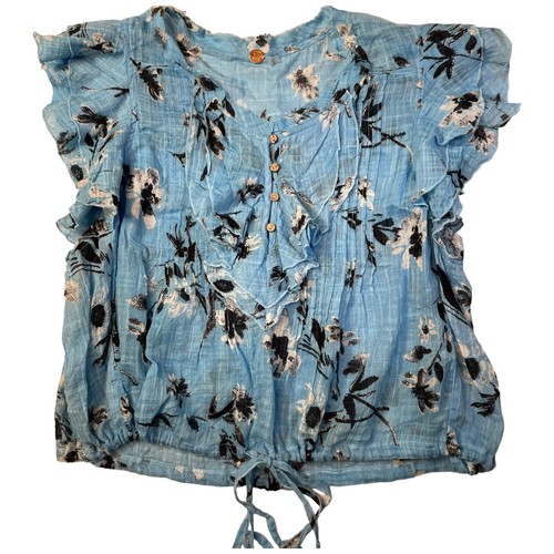 NEW FREE PEOPLE Naya Floral Ruffle Top in Day Dream Blue Flutter Sleeves Ties - Picture 2 of 13