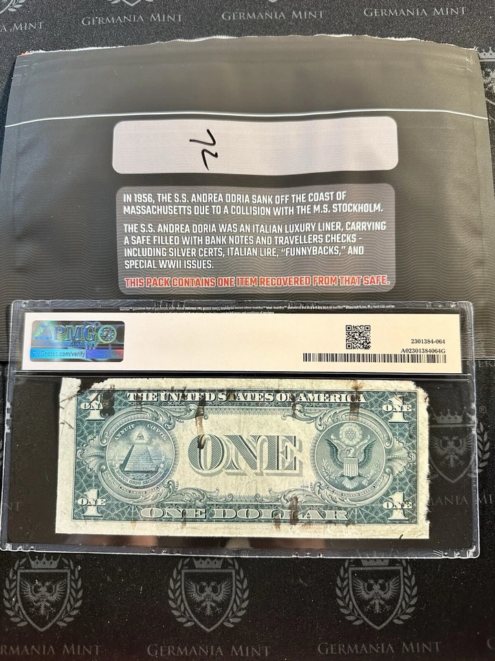 Vault box PMG Red Core Grade A $1 Silver Cert. from SS Andrea Shipwreck 1956 - Image 2 of 2