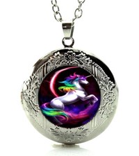 Rainbow Unicorn Horse Locket Necklace with a Gift Box 24" Stainless Steel Chain