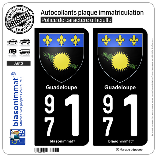 2 Stickers autocollant plaque immatriculation 971 Guadeloupe - Armoiries - Picture 2 of 9