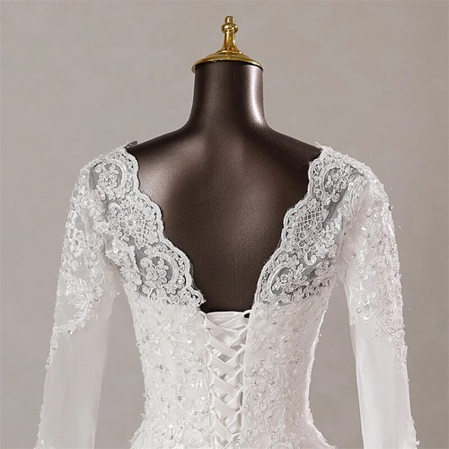 V Neck Mermaid Wedding Dresses Long Sleeve Appliques Backless Lace Bridal Gowns - Picture 5 of 8