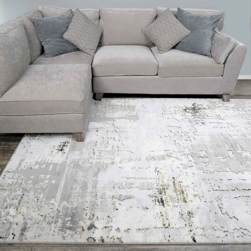 Light Grey Gold Distressed Hallway Runner Rug Textured Varied Pile Sheen Rugs UK - Picture 14 of 17