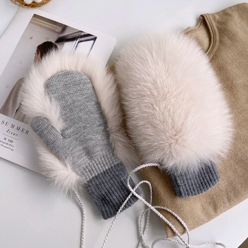 Real Fur Gloves Knitted Women Mittens Winter Fashion Fluffy Warm Real Fur Gloves - Bild 9 von 31