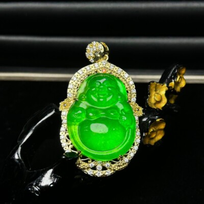 Certified Natural inlaid ice Burmese jade carved Buddha Pendant