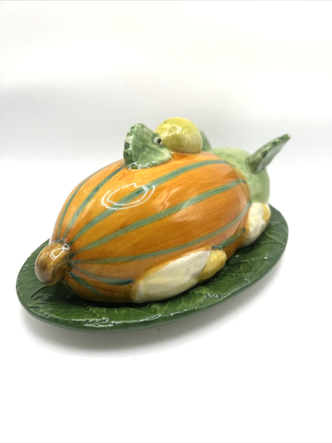 RARE NEIMAN MARCUS ITALY PUMPKIN PIGGY BUTTER DISH ORANGE GREEN PIG COVER DISH - Picture 6 of 18