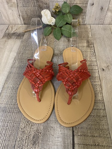 Sandalias chanclas de cuero trenzado rojo frijol LL NUEVAS SIN ETIQUETAS para mujer talla 8 M - Imagen 2 de 9