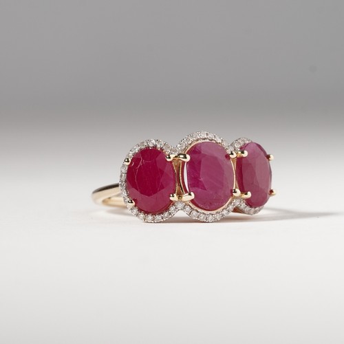 Vintage Style Natural Pink Ruby Diamond Oval Trilogy Ring 10ct Gold Size O US 7 - Picture 5 of 11