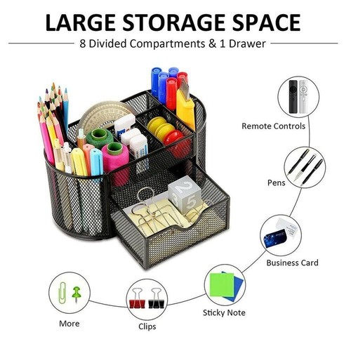 Box With Drawer Stationery Container Metal Mesh Desk Organizer Pen Holder - Picture 5 of 17