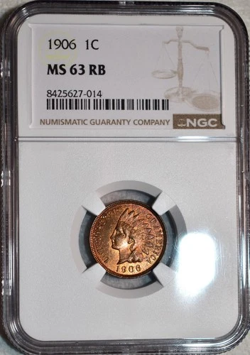 NGC MS-63 RB 1906 Indian Head Cent, Richly Hued, Red-Brown specimen.