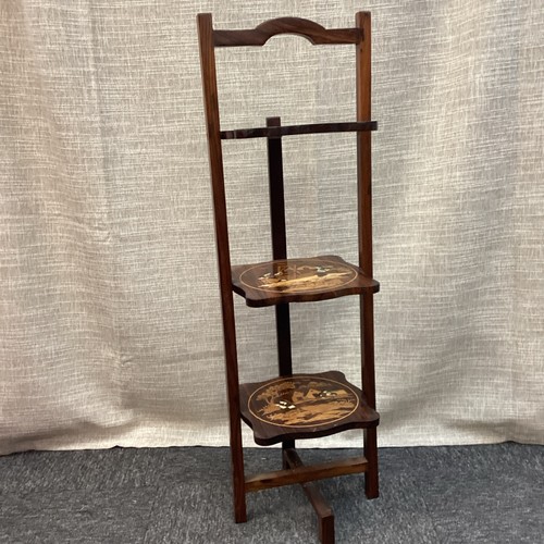Antique Rosewood Folding Three -Tier Cake/Plant Stand Inlaid Marquetry Designs - Picture 2 of 15