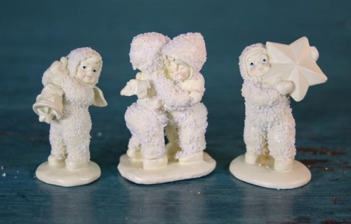 Lotto/3 miniature Dept 56 Snowbabies in peltro dipinte a mano con scatole abbraccio campana stella - Foto 2 di 10