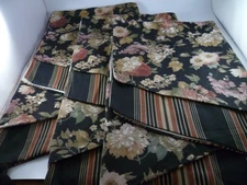 2 WAVERLY Valances Black Floral Stripe Double Scallop Tassel  51x23" Cotton