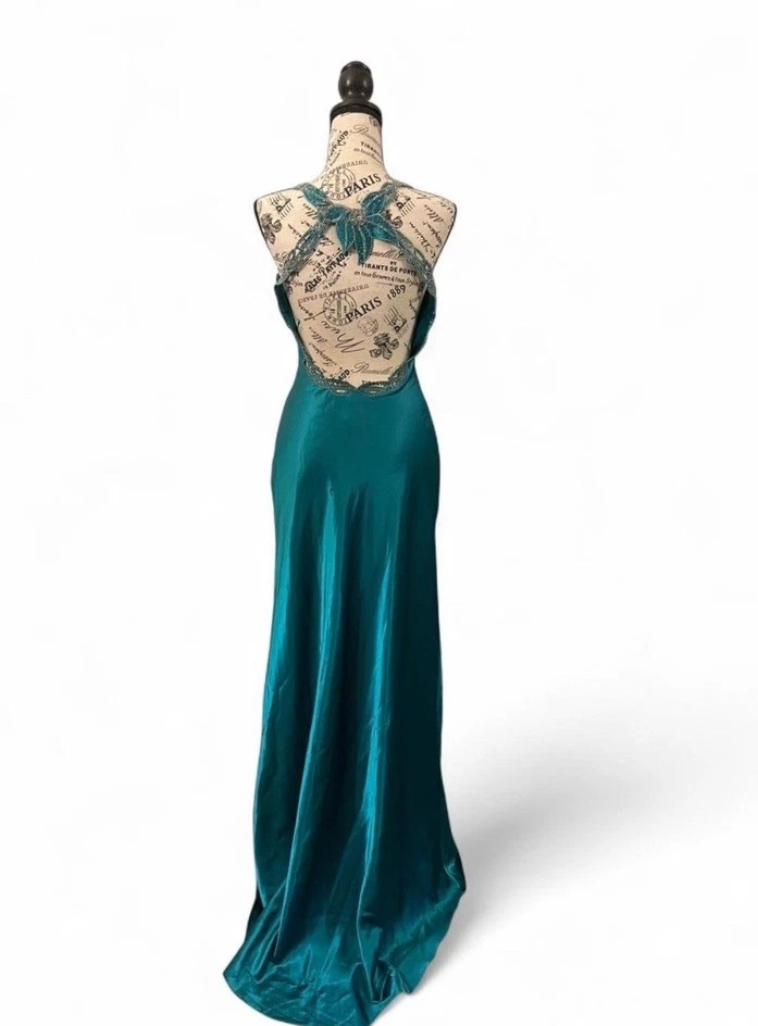 Vestido de noche verde azulado satinado con cuentas espalda abierta graduación vestido formal Y2K Fairycore acanalado Foto 2 de 4