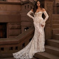 Mermaid Lace Wedding Dresses Long Sleeves Backless Off Shoulder Bridal Gowns