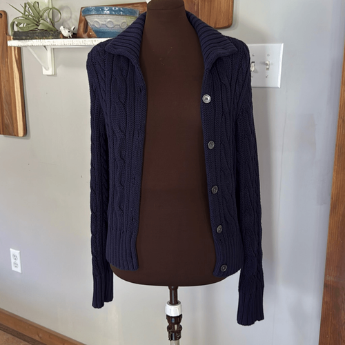 Lauren Ralph Lauren Grobstrick Cardigan Pullover mit Zopfmuster Damen Gr. Medium Navy