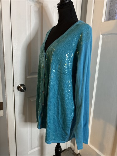 Quacker Factory Womens Cardigan Sweater 2X Blue Sequin Embellished Button Up - Picture 6 of 12