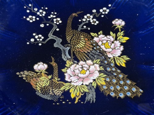 Piatto portagioie pavone giapponese porcellana Satsuma blu colbalto e oro - Foto 12 di 13