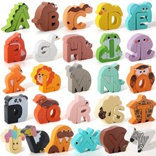 52 Pieces Matching Game, Wooden Alphabet Animal Puzzles for Toddlers, ABC Peg...