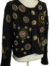 Michael Simon One Size Black Cardigan 3D Beaded Embellished Gold Designer Gothic