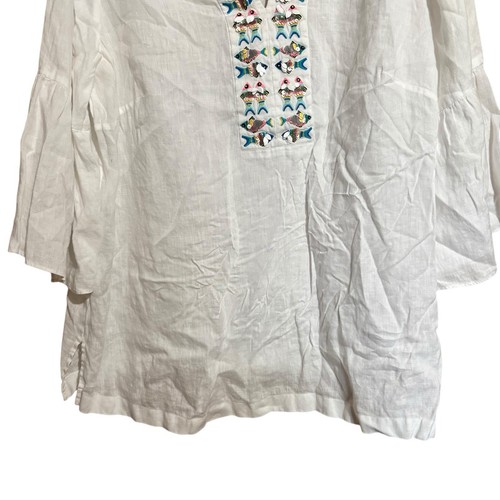 Top tunica Talbots 1x bianco perline impreziosito scollo lino camicetta resort - Foto 4 di 9