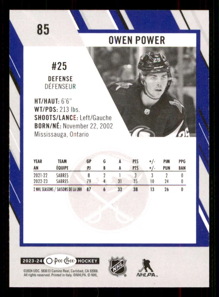 2023-24 O-Pee-Chee Blue #85 Owen Power - Image 2 of 2