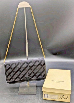 Vintage Balenciaga Kette Messenger Bag Schwarz Canvas Leder Gold Riemen Box