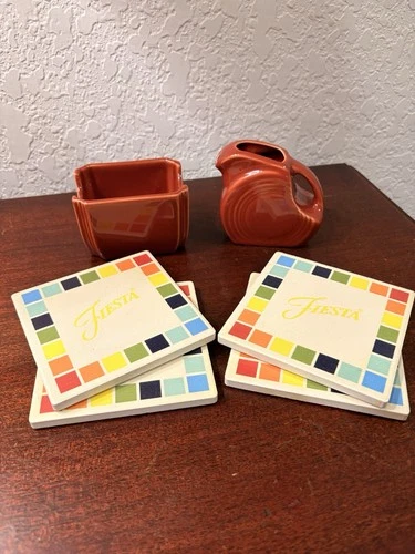 Fiesta Persimmon Mini Disc Pitcher And Sugar Caddy With  Coaster Set