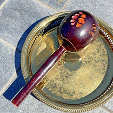 Vintage Wooden Gourd Maracas Purple Hand Painted 11" Mexico Rumba Etched Floral