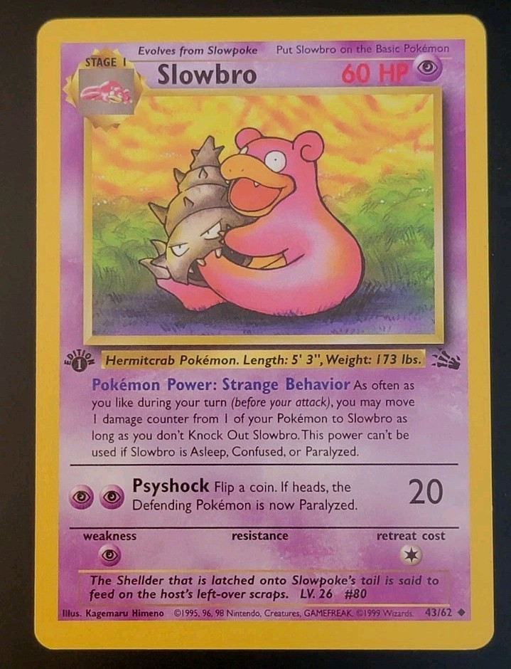 Pokemon Card Fossil Slowbro 43/62 1st Edition Vintage WOTC, Near Mint Condition