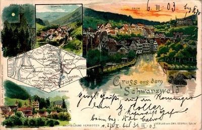LITHO GRUSS AUS CALW VON DER SEITE GESEHEN + LANDKARTE COL. 5 BILD 1903