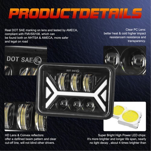 4PCS 4x6" LED Halo Headlight Hi/Lo Beam DRL Fit Chevy C10 Pickup Truck 1981-1986 - Picture 6 of 13