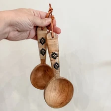 Set Of 2 Mango Rattan Spoons Leather 8” Wooden Serving 