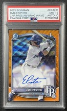 EMILIEN PITRE PSA 9 2025 BOWMAN CHROME PROSPECT ORANGE WAVE REFRACTOR AUTO 12/25