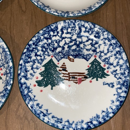 Cabin in the Snow Salad Plates Set 4 73/4" Stoneware Tienshan Folkcraft Blue - Picture 3 of 7