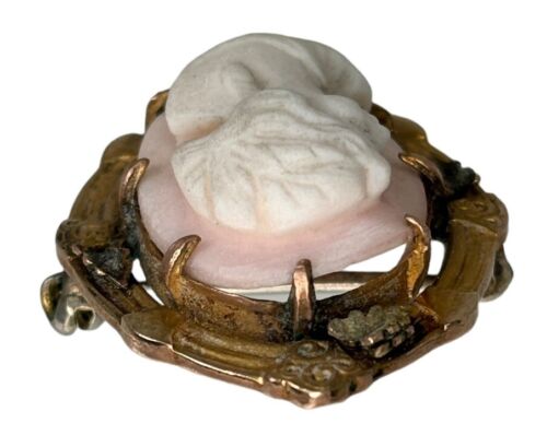 Broche camafeo antiguo victoriano de oro de 10 quilates concha rosa - Imagen 3 de 6
