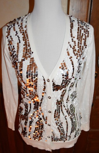 NWT JOAN BOYCE EMBELLISHED WHITE BOYFRIEND CARDIGAN SWEATER XS $135 SEQUINED - Picture 7 of 8