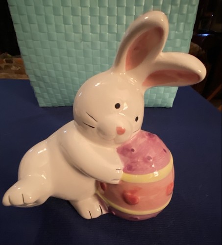 Plato de cesta de cerámica de conejo de Pascua con estatuilla de conejo de Pascua - Imagen 9 de 11