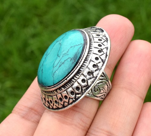 Green Turquoise Kuchi Afghan Dome Ring Ethnic Bohemian Jewelry Tribal Gypsy Boho - Picture 2 of 3