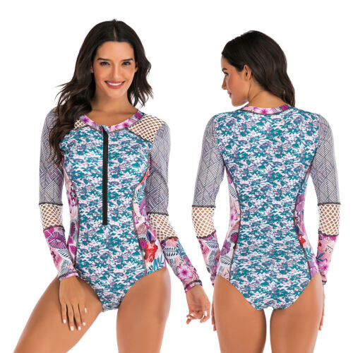 Women Long Sleeve Padded One Piece Swimwear Beach UV Protection Surfing Swimsuit - Picture 9 of 14
