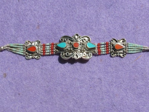 SOUTHWESTERN style SILVER plated /Turquoise/Red Coral BRACELET - Picture 2 of 4