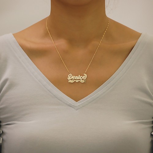 Personalisierte Namenskette 10 Karat massiv Gold Diamantschliff küssende Vögel Valentinstag - Bild 2 von 2