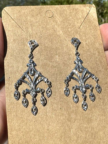 Solid 14K White Gold Dangling Diamond-Cut Chandelier Tassel Earrings, Pierced - Picture 7 of 14